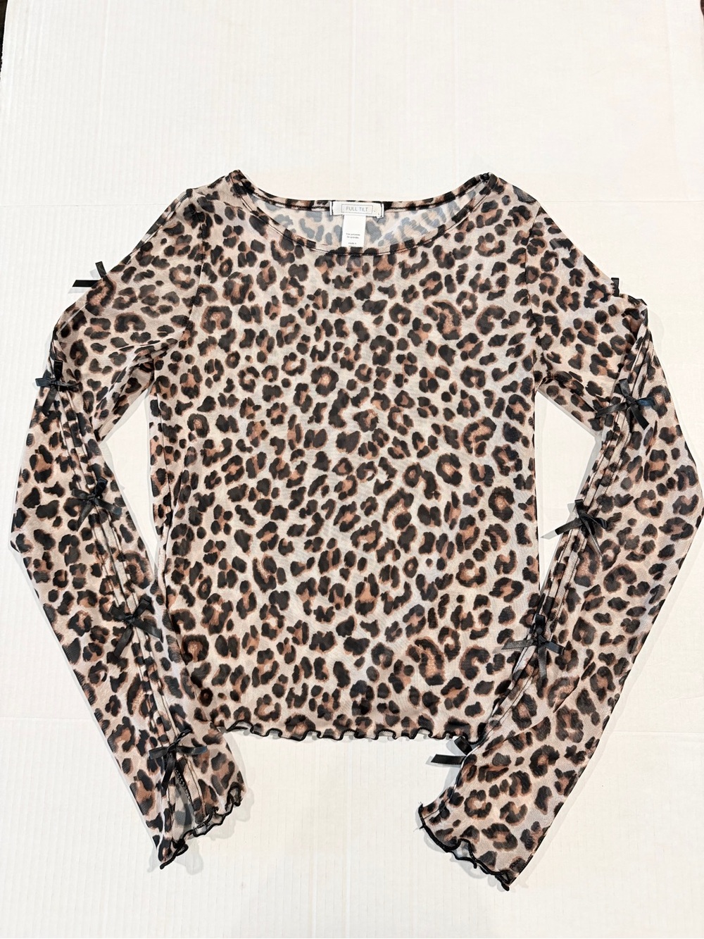 Full Tilt Leopard Mesh Bow Long Sleeve Top